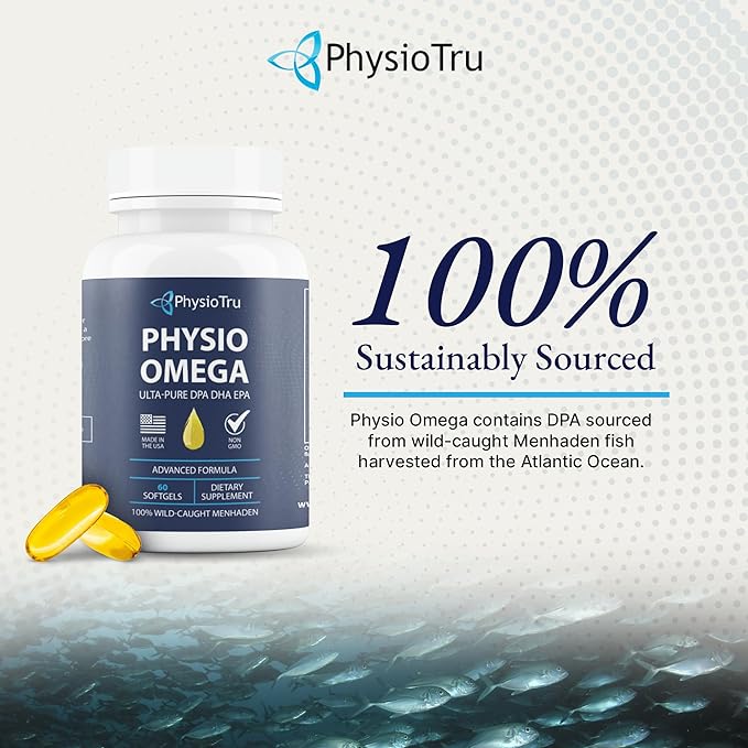 Physio Omega - Omega 3 Supplement - Sustainably Sourced - with DPA, EPA, and DHA - Burpless Fish Oil