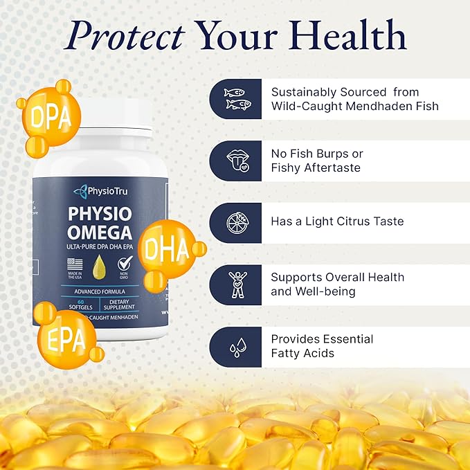 Physio Omega - Omega 3 Supplement - Sustainably Sourced - with DPA, EPA, and DHA - Burpless Fish Oil - 4 Pack